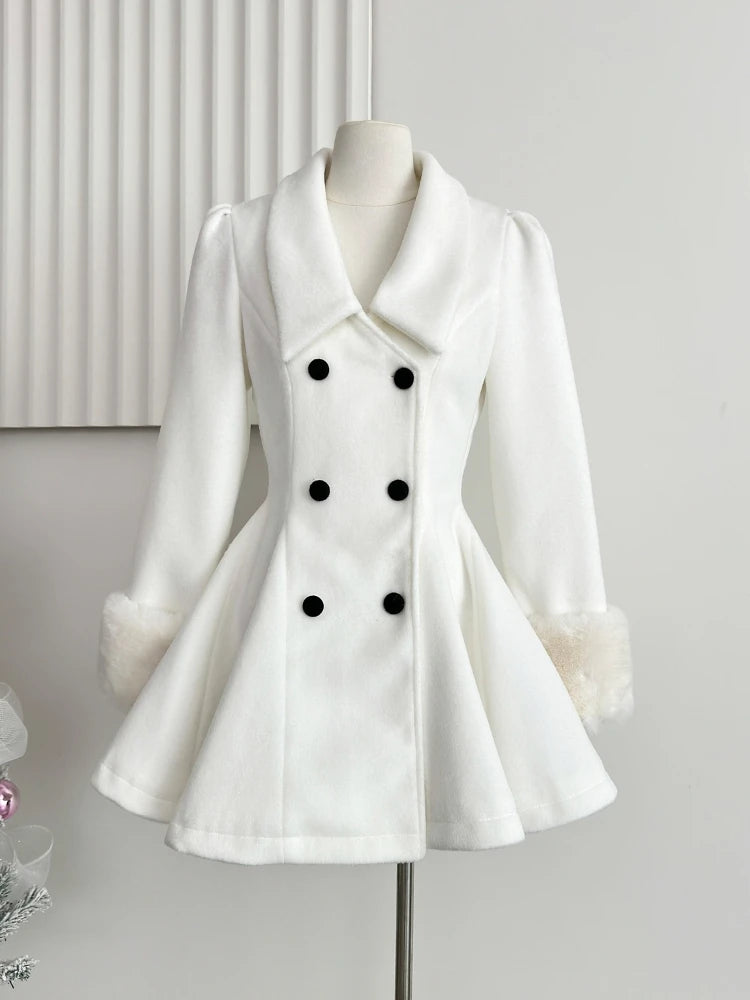 Elegant Warm Winter Fur Collar Woolen Coat Women French Style Hepburn Slim Mid-length Outwear 2025 Vintage Lolita Chic Outfits