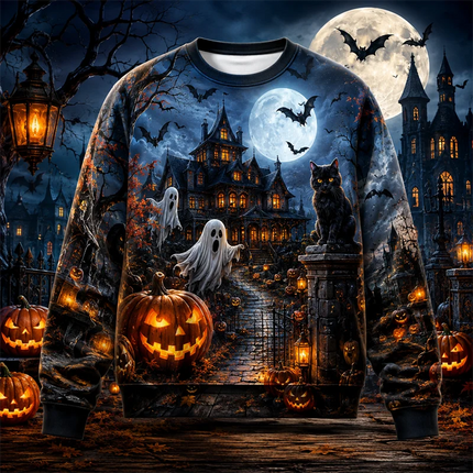 Fashion Castle Ghost Cat Pumpkin Graphic Halloween Sweatshirts Trendy Holiday Wear Long Sleeve Sweater Loose Breathable Pullover