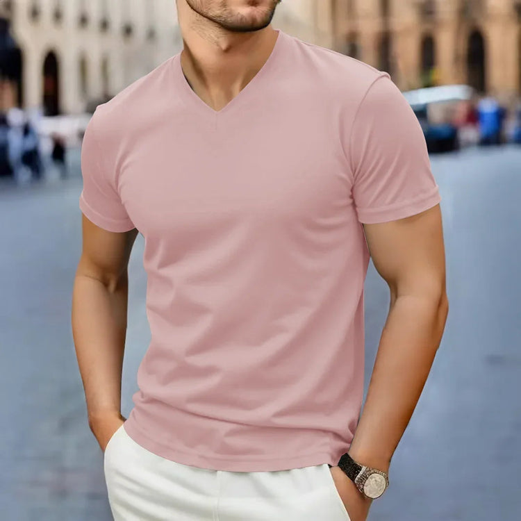 2025 New Men's Casual Fashion Simple V-neck Short Sleeved T-shirt Summer Comfortable Breathable Versatile Top PlatiNum