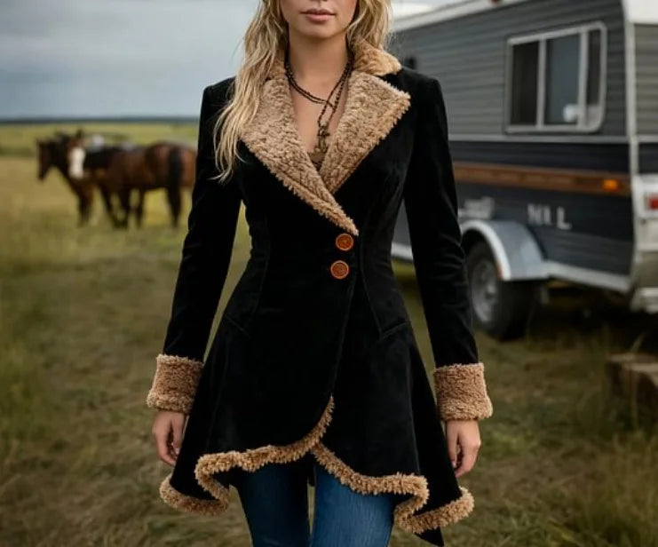 Women's Vintage Suede Coat Fur Collar Lapel  Beggar Style