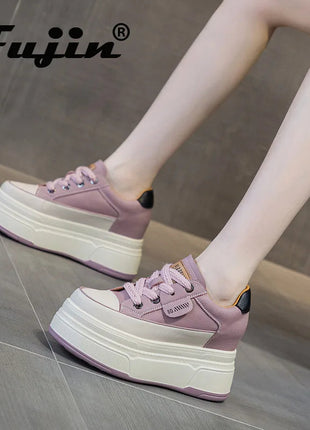 Fujin 9cm 3 inch comfortable platform sneakers for women Genuine Leather Women Vulcanized Shoes Platform High Heels Casual Shoes PlatiNum