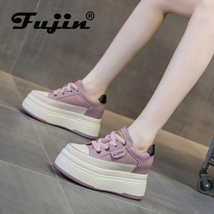Fujin 9cm 3 inch comfortable platform sneakers for women Genuine Leather Women Vulcanized Shoes Platform High Heels Casual Shoes PlatiNum