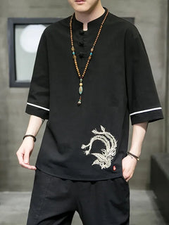Ricamo Phoenix camicie a maniche corte uomo stile cinese cotone lino Cardigan retrò Mens tradizionale Kung Fu Tai Chi Casual Top