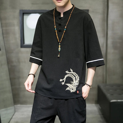 Ricamo Phoenix camicie a maniche corte uomo stile cinese cotone lino Cardigan retrò Mens tradizionale Kung Fu Tai Chi Casual Top
