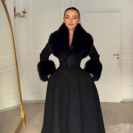 Women Elegant Long Wool Blend Coat Faux Fur Big Collar Cuff Cinched Waist Flare A‑line Maxi Coat Retro Party Outerwear Overcoat