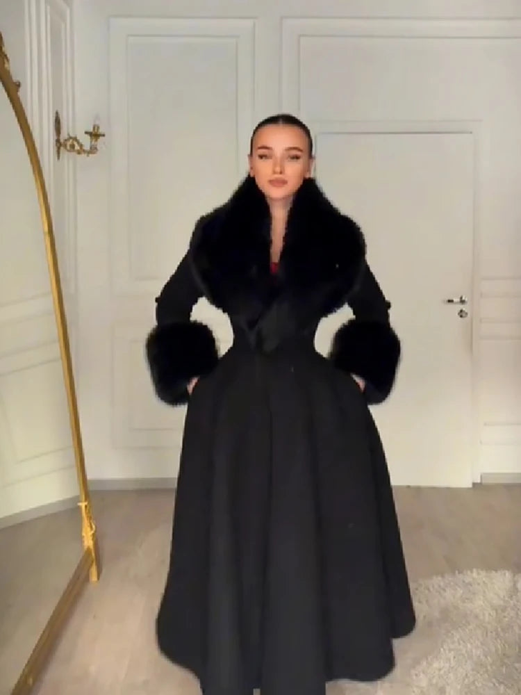 Women Elegant Long Wool Blend Coat Faux Fur Big Collar Cuff Cinched Waist Flare A‑line Maxi Coat Retro Party Outerwear Overcoat