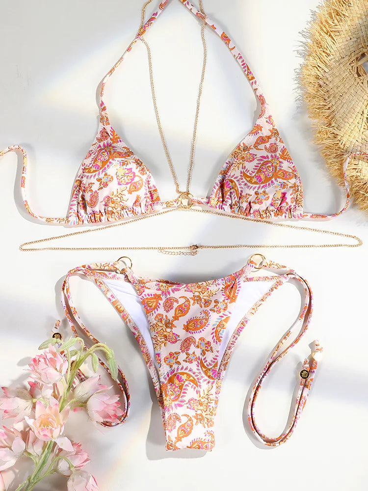 Catene a triangolo sexy Set bikini Micro perizoma Costume da bagno donna Costume da bagno Biquini Fasciatura Costumi da bagno Stampa Costumi da bagno Perizoma Bikini platinumshop