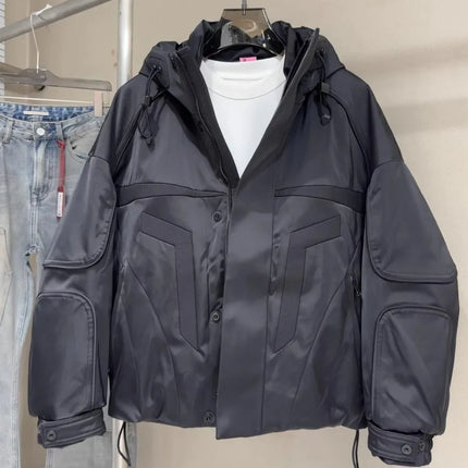 Winter Spliced Black Men Hooded Down Coat American Style Motorcycle Puffer Jacket Loose Fit Zip Waterproof Jackets Casual Coats