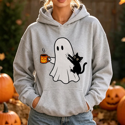 Ghost Black Cat Coffee Print Halloween Hoodie Spooky Season Graphic Pullover Women Fall Holiday Daily Wear Top Hoodies Women