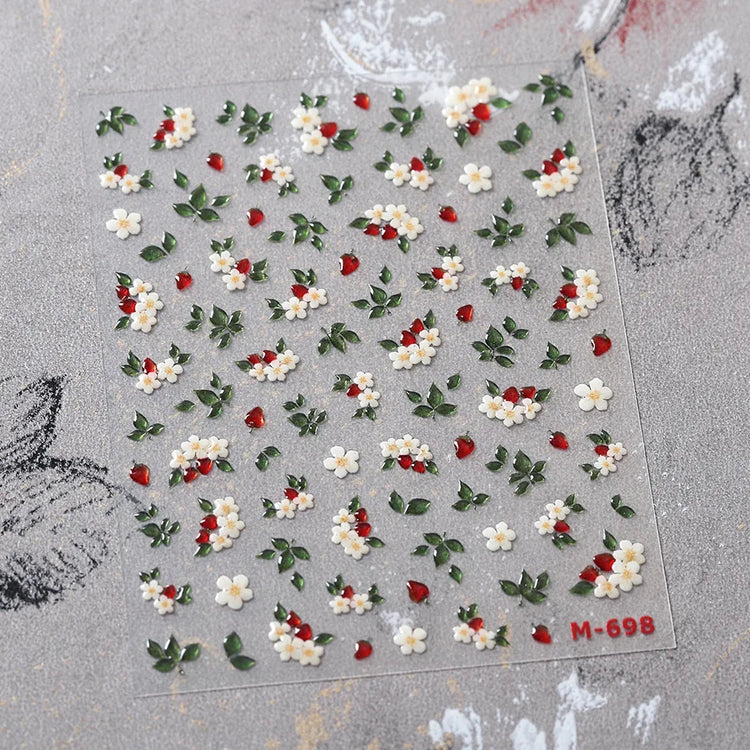1Pcs 5D Jelly White Lily Red Strawberry Nail Art Sticker Peony Rose Camellia Embossed Nails Decals Delicate Nail Art Decorations