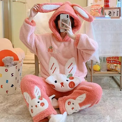 2024 New Plush Pajamas Set for Women Thick Hooded Women 2 Piece Clothes Set Cute Rabbit Women Pyjamas Coral Fleece Warm Homewear