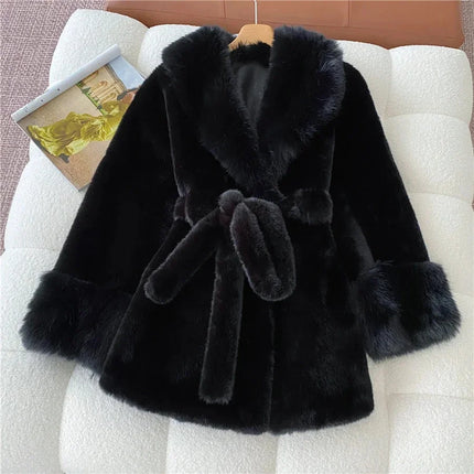 Winter Luxury Women Faux Furs Jackets Coats With Belt Elegant Waist Hugging Slimming Fur Big Collar Thickened Warm Outerwear
