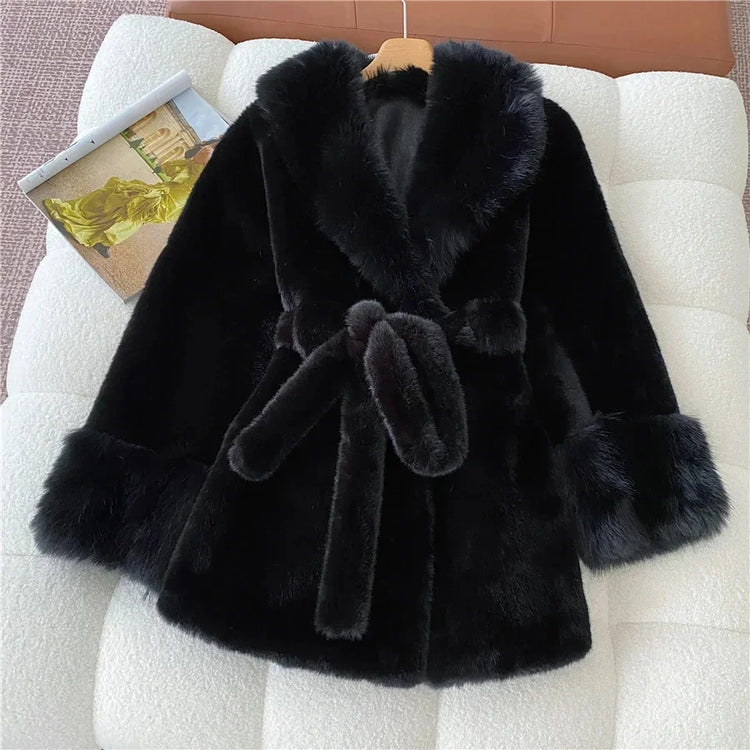 Winter Luxury Women Faux Furs Jackets Coats With Belt Elegant Waist Hugging Slimming Fur Big Collar Thickened Warm Outerwear