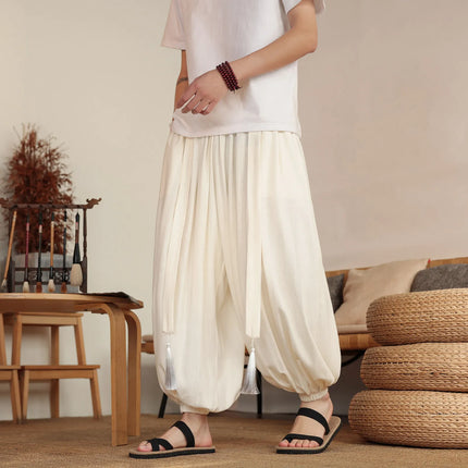 Pantaloni Stile Cinese da Uomo, Etnici in Lino a Gamba Larga, Design con Cavallo Morbido, Pantaloni da Ballo, Casual, Hanfu, Stile Lanterna, 8XL
