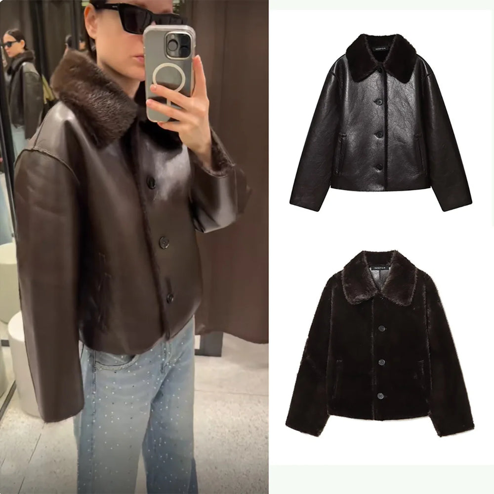Women's Autumn/ Winter Fleece-Lined Double-Sided Leather Jacket Single-Breasted Reversible Casual Long-Sleeve Warm Coat