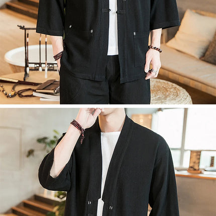Kimono Camicia da uomo Samurai giapponese Cardigan tinta unita retrò Stile cinese Cotone Lino Yukata Haori Cappotto da uomo allentato Streetwear