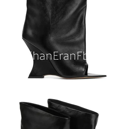2025Ladies' Spring and Summer New Fish Mouth Slope High Heel Knee Boots, Fashionable Pointed Fashion Show Medium Cool Boots PlatiNum