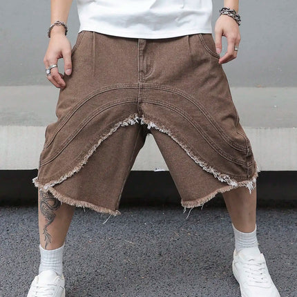 Pantaloncini estivi in denim marrone da uomo, caratterizzati dallo stile street retrò alla moda, alla moda, vestibilità ampia, adatti per l'abbigliamento casual quotidiano.