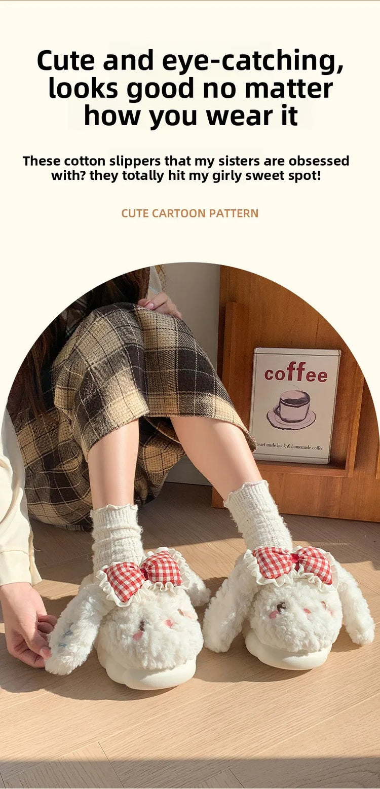 2026 New Women's Cotton Bow Bunny Slippers Winter Indoor Home Warm Household Wool Cotton Shoes Women Wear Indoor Winte
