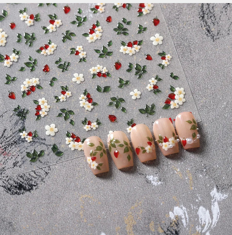 1Pcs 5D Jelly White Lily Red Strawberry Nail Art Sticker Peony Rose Camellia Embossed Nails Decals Delicate Nail Art Decorations