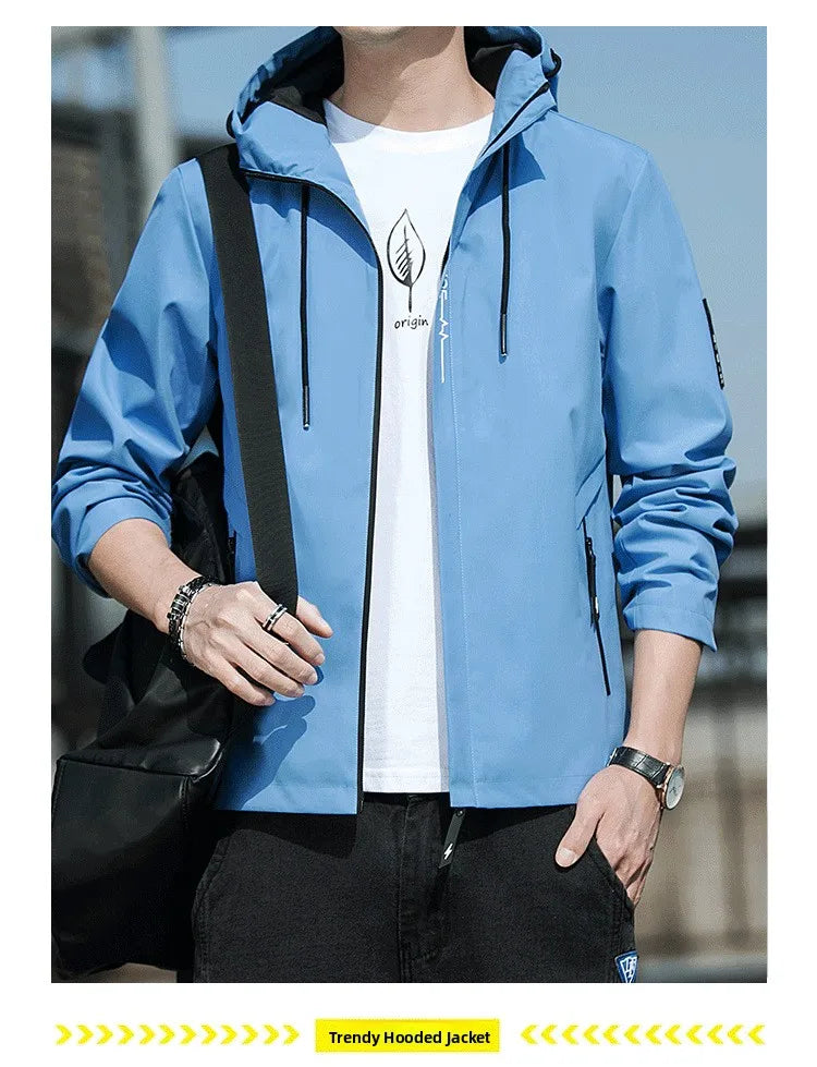 Casual Hooded Men's Jacket Youth Outerwear Spring Autumn New Style Korean Version Anti-Wrinkle Wear-Resistant Windproof Polye...