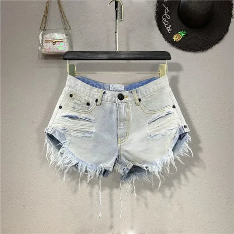 Shorts in denim da donna a vita alta, strappati, con orlo grezzo e sfilacciato, casual, hot pants - platinumshop