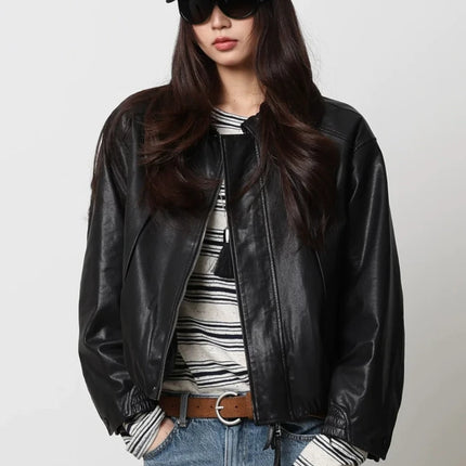 Soft Sheepskin Genuine Leather Cropped Jacket Women Lapel Zip Up Snap Button Side Pockets Casual Autumn Real Leather Outerwear