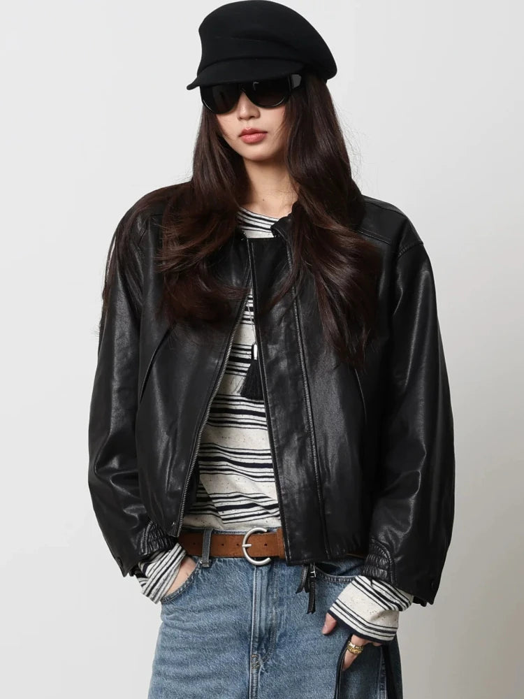 Soft Sheepskin Genuine Leather Cropped Jacket Women Lapel Zip Up Snap Button Side Pockets Casual Autumn Real Leather Outerwear