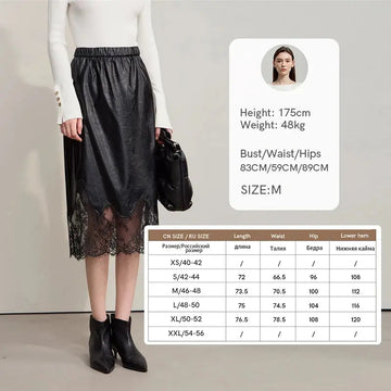 AMII Women's Skirt 2025 Autumn New Minimalist Versatile Clothing Ladies Leather Splicing Lace Solid A-line Midi Skirt 12543095 PlatiNum