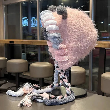 2025 Funny Monster Furry Hat for Women Autumn Winter Knitted Beanie with Braid Warm Ear Protection Hand Crochet Skullies
