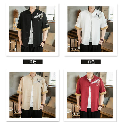 Camicie da uomo con gru ricamate Kungfu Tai Chi Casual manica corta nuovo stile cinese colletto alla coreana Cardigan in lino Tang Suit uomo Top