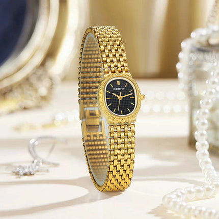 BERNY Orologio al quarzo da donna Cinturino in acciaio inossidabile dorato Orologio da polso ellittico di lusso Orologio da donna semplice retrò impermeabile platinumshop