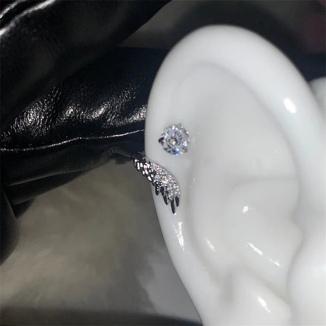 1pcs Silver Color Wing 316L Stainless Steel Ear Bone Nail for Women New Fashion Full of Rhinestone Earrings Accessories for Ear PlatiNum