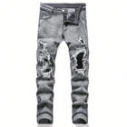 Men‘s Stretchy Denim Jeans Streetwear Tearing Patchwork Holes Ripped Denim Elastic Waist Casual Pants Slim fit Straight Trousers PlatiNum