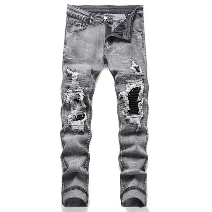 Men‘s Stretchy Denim Jeans Streetwear Tearing Patchwork Holes Ripped Denim Elastic Waist Casual Pants Slim fit Straight Trousers PlatiNum