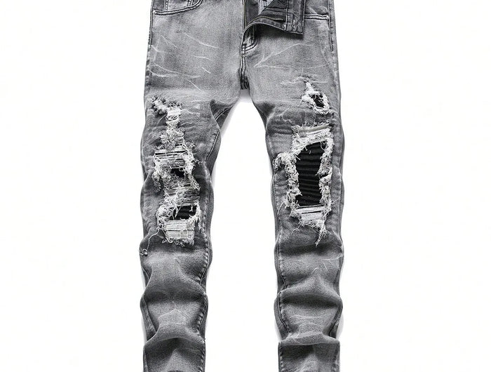 Men‘s Stretchy Denim Jeans Streetwear Tearing Patchwork Holes Ripped Denim Elastic Waist Casual Pants Slim fit Straight Trousers PlatiNum