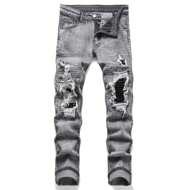 Men‘s Stretchy Denim Jeans Streetwear Tearing Patchwork Holes Ripped Denim Elastic Waist Casual Pants Slim fit Straight Trousers PlatiNum