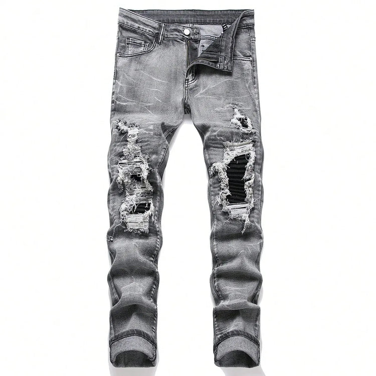 Men‘s Stretchy Denim Jeans Streetwear Tearing Patchwork Holes Ripped Denim Elastic Waist Casual Pants Slim fit Straight Trousers PlatiNum