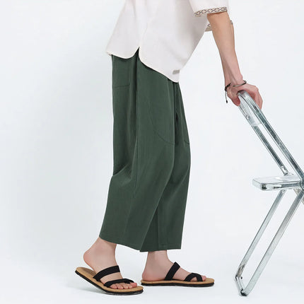 Pantaloni Harem in Cotone e Lino da Uomo, Casual, Traspiranti, Comodi, Estivi, Lunghezza al Polpaccio, Taglie Forti fino a 5XL