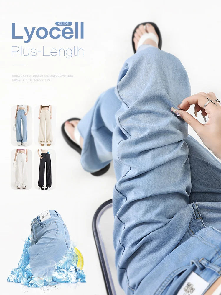 Nuova estate morbida Lyocell Jeans donna blu kaki bianco vita alta dritto sottile gamba larga pantaloni in denim Y2k abbigliamento femminile allentato 2XL