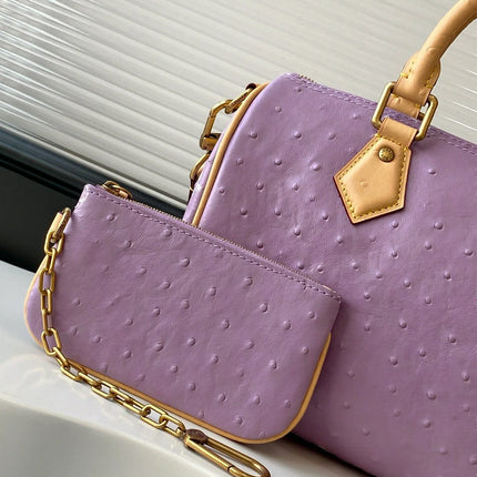 Mini Borsa Boston in Pelle Goffrata Effetto Struzzo Color Lavanda, Borsa di Lusso Multiuso