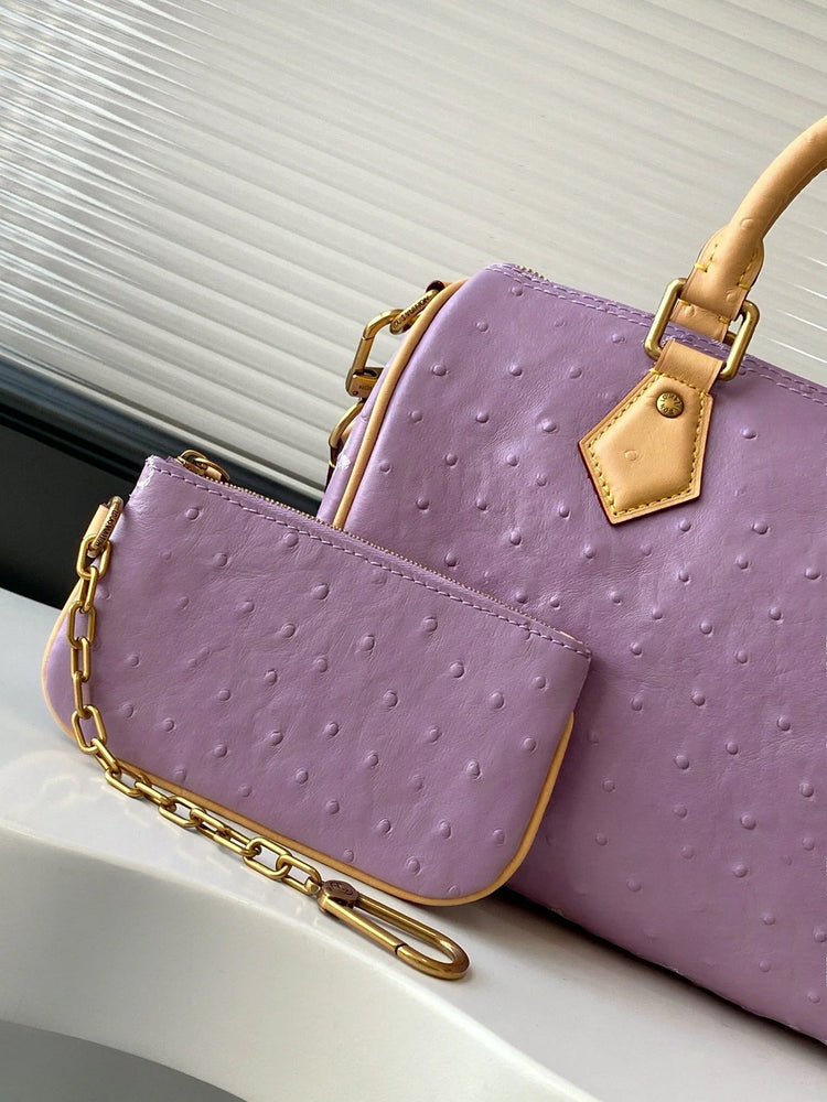 Mini Borsa Boston in Pelle Goffrata Effetto Struzzo Color Lavanda, Borsa di Lusso Multiuso