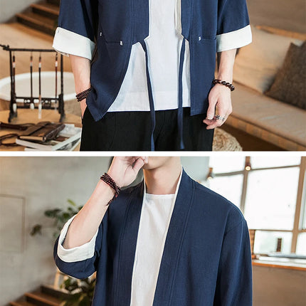 Nuova Camicia Uomo Kimono Giapponese in Cotone e Lino, T-shirt Comoda e Traspirante, Costume da Samurai Tradizionale, Camicia Casual Haori per Uomo