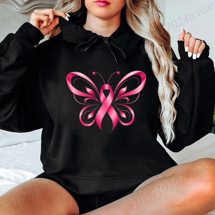 Pink Ribbon Butterfly Halloween Design Hoodies Breast Cancer Awareness Graphic Hooded Sweatshirts Long Sleeve Tracksuits Gifts
