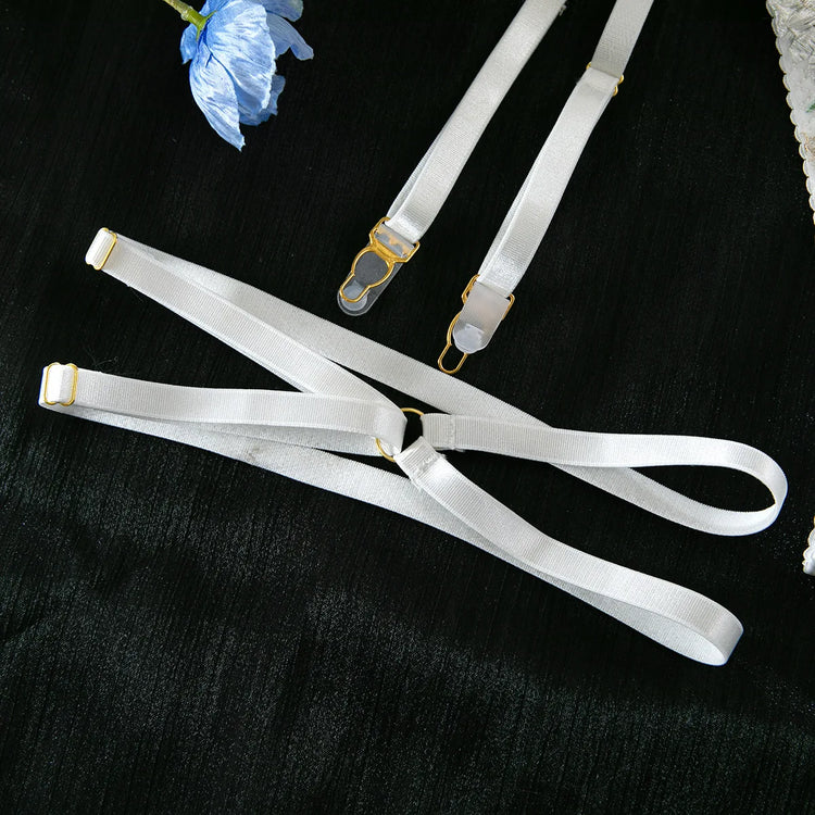 Elegant White Floral Embroidered Sheer Lace Lingerie Set Strappy Underwire Bra Garter Belt Thong Intimate Nightwear Apparel Lady