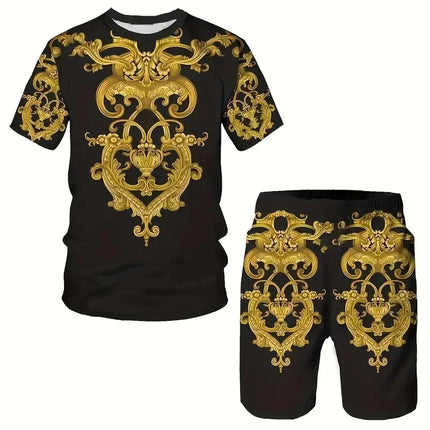 New Men's Two-Piece Suit Fashion Scottish Print Summer O-neck Short Sleeve Polo + Shorts Men's Two-Piece Set