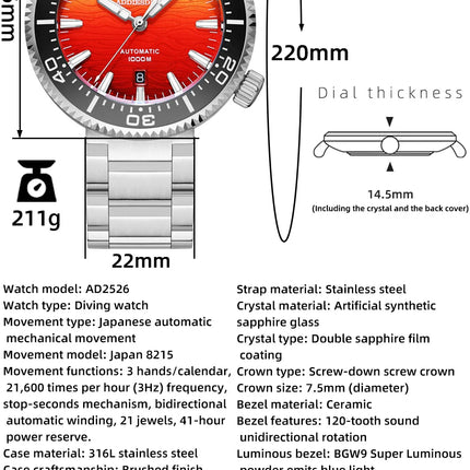 ADDIESDIVE Men Watch 100Bar Diver Fiery Sunset Cloud  8215 Sapphire Glass BGW9 Luminous Reloj Automatic Mechanical Watch AD2526