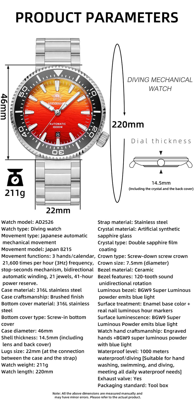 ADDIESDIVE Men Watch 100Bar Diver Fiery Sunset Cloud  8215 Sapphire Glass BGW9 Luminous Reloj Automatic Mechanical Watch AD2526
