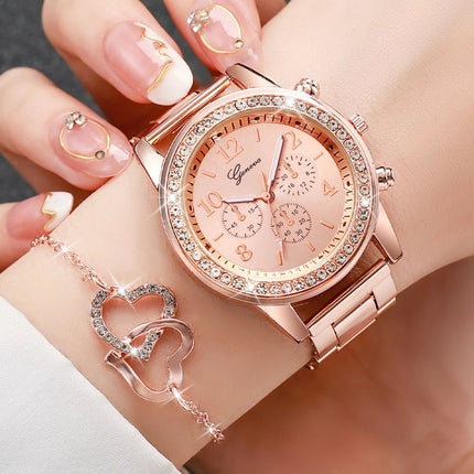 6 pezzi/set orologio da donna moda strass cinturino in acciaio inossidabile orologio al quarzo doppio cuore set di gioielli (senza scatola) platinumshop