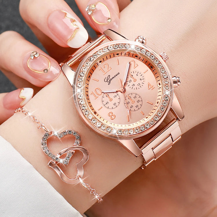 6 pezzi/set orologio da donna moda strass cinturino in acciaio inossidabile orologio al quarzo doppio cuore set di gioielli (senza scatola) platinumshop